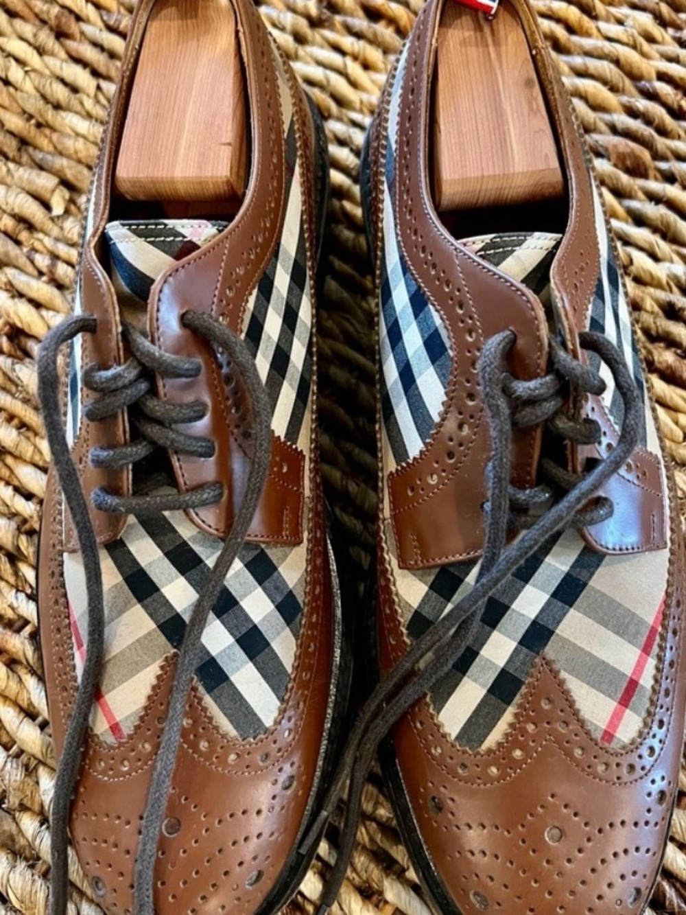 Burberry Brown Leather & Signature Check Wingtip Oxfords